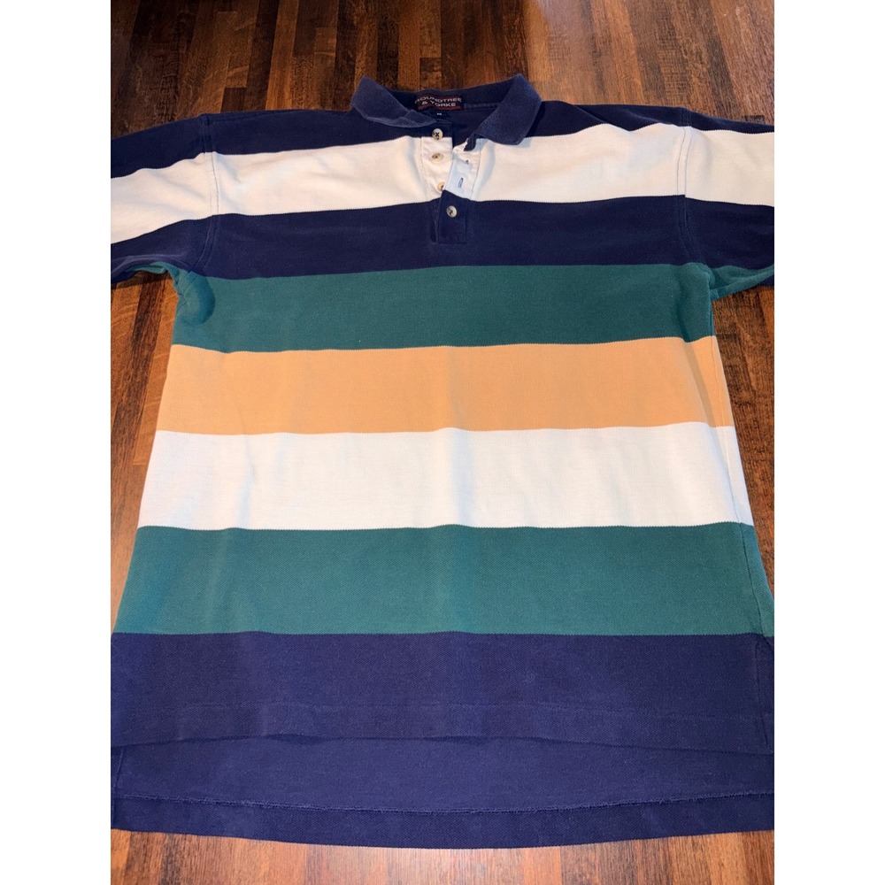 Roundtree & Yorke Mens Medium Polo Shirt Striped Short‎ Sleeve Navy Green Pique